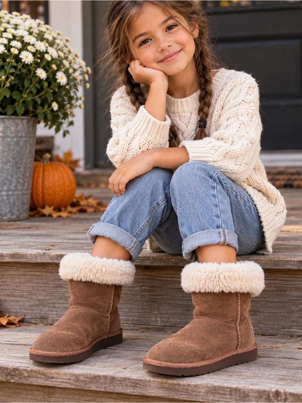 UGG Australia Brown Suede Shearling Boots Kids Size 3 EU 33 Fold Over Cuff